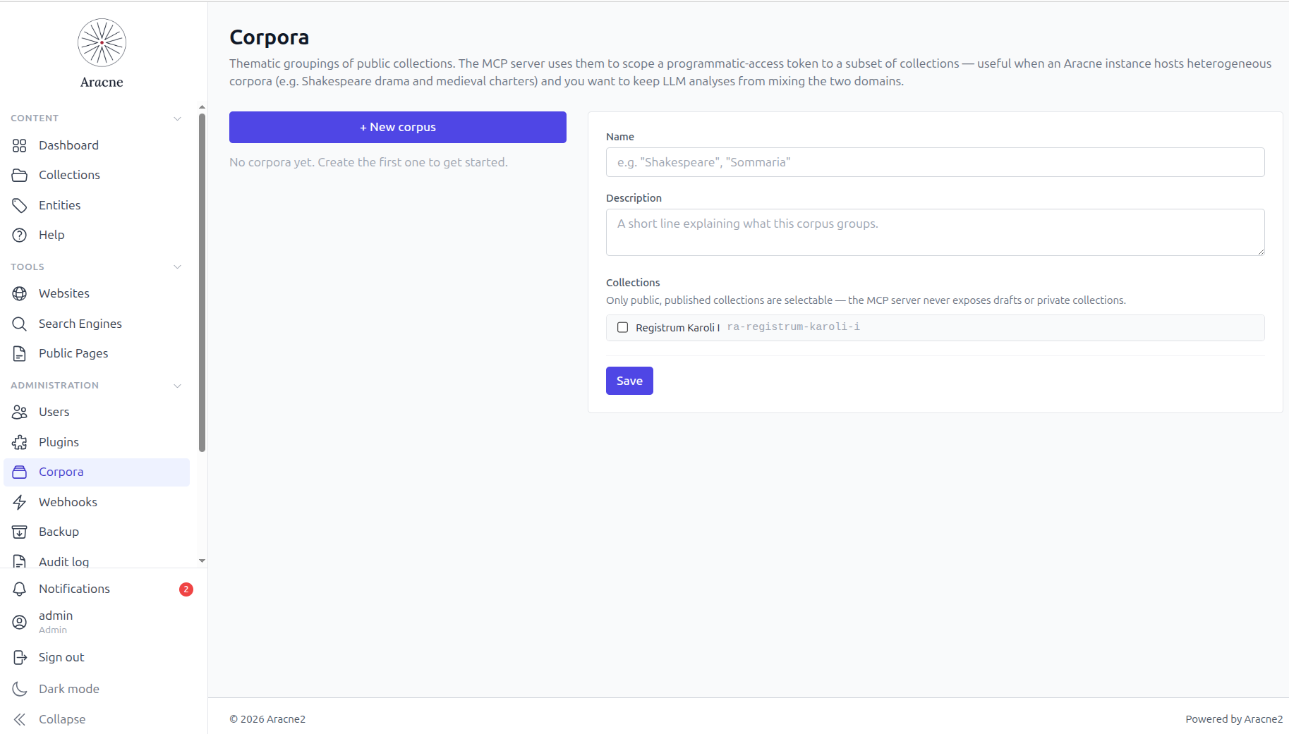 Corpora dashboard with MCP token issuance